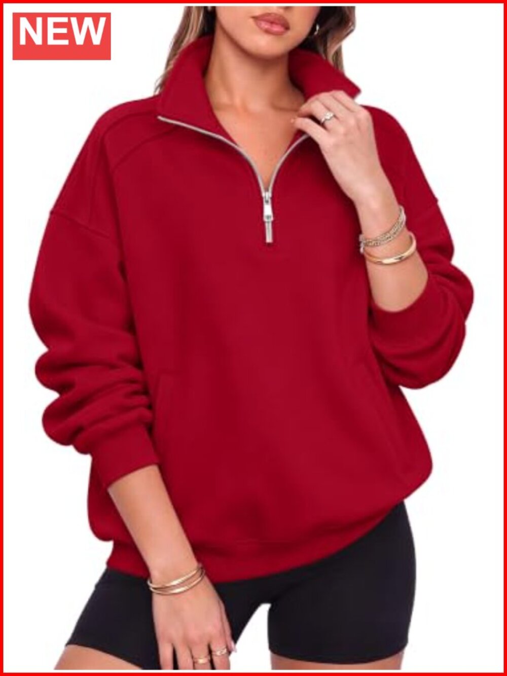Oversized Half Zip Fleece Sweatshirt with Henley Collar and Kangaroo Pocket
